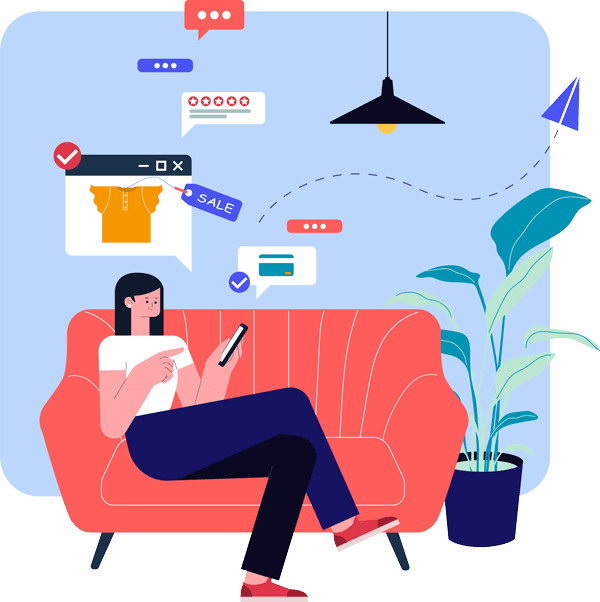 Person on couch with chat bubbles